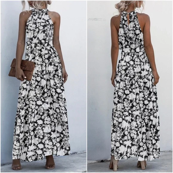 Boho Red White leopard Print Halter Ruffle Maxi Dress - Picture 4 of 13